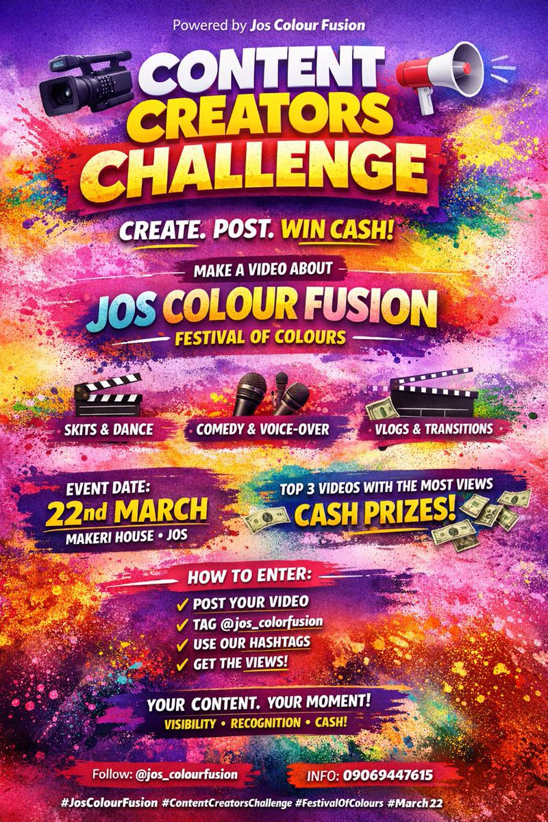 🚀 *Big Announcement!* 🚀

The _Jos Colour Fusion_ is launching a *Content Creators Challenge*! 🎬💥

👉 Create an epic video about the *Festival of Colours* (skits, dance, comedy, vlogs or transitions).

👉 Post it, tag @jos_colourfusion use the hashtags *#JosColourFusion