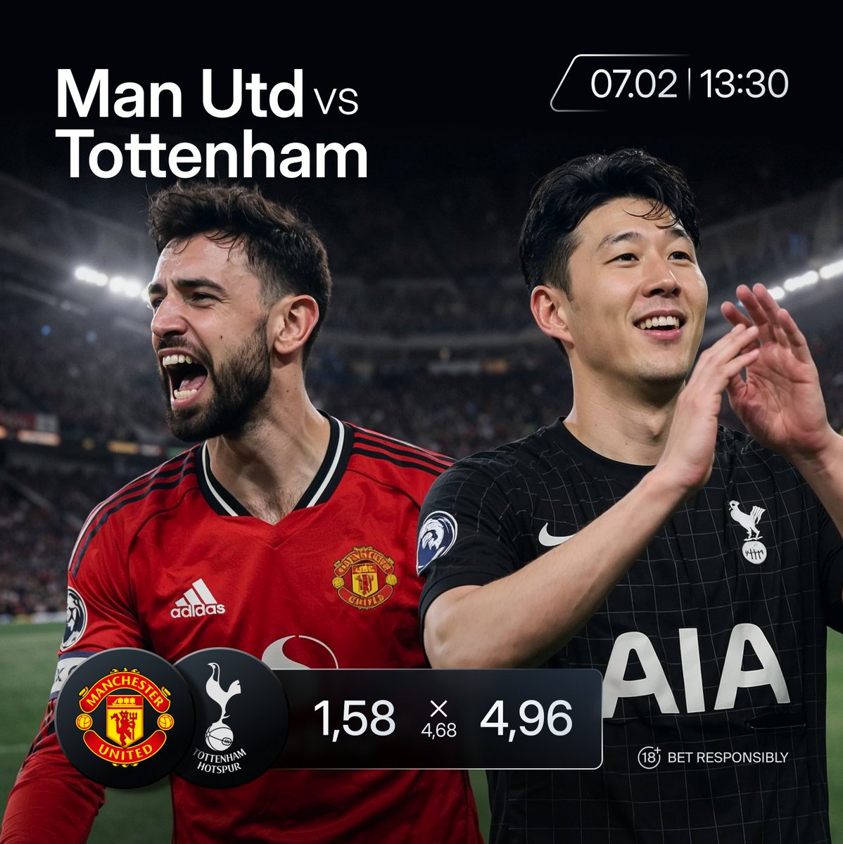 Manchester United vs Tottenham Hotspur sets up an open battle⚽️

Bruno Fernandes looks to unlock United’s attack, while Son Heung‑min is always one run away from changing everything. Will control matter more than momentum here?