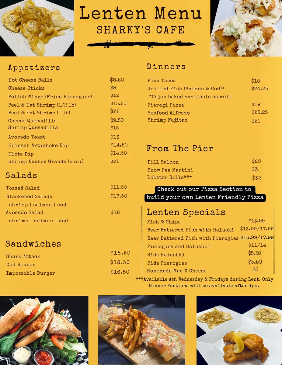 🌊 Lent is almost here! Join us at Sharky’s Café for our famous **Fish Fry** and beloved **Lobster Rolls**! 🦞✨ #Lent2026 #FishFry #LentenMenu #LobsterRolls #Halushki #Pierogis #SharkysCafe