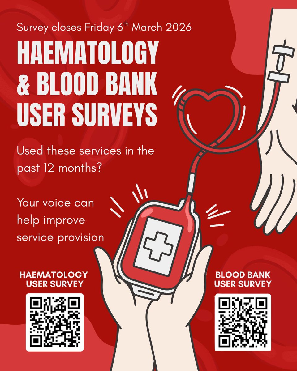 BelfastTrust's tweet photo. 🩸If you have used the Haematology lab and/or the Blood Bank laboratory over the past 12 months, we'd love to hear from you.

👐Please scan the QR codes which lead to the surveys. Feedback will only take 3 minutes and will help support continuous improvement within the service. https://t.co/dwrReWJL9U