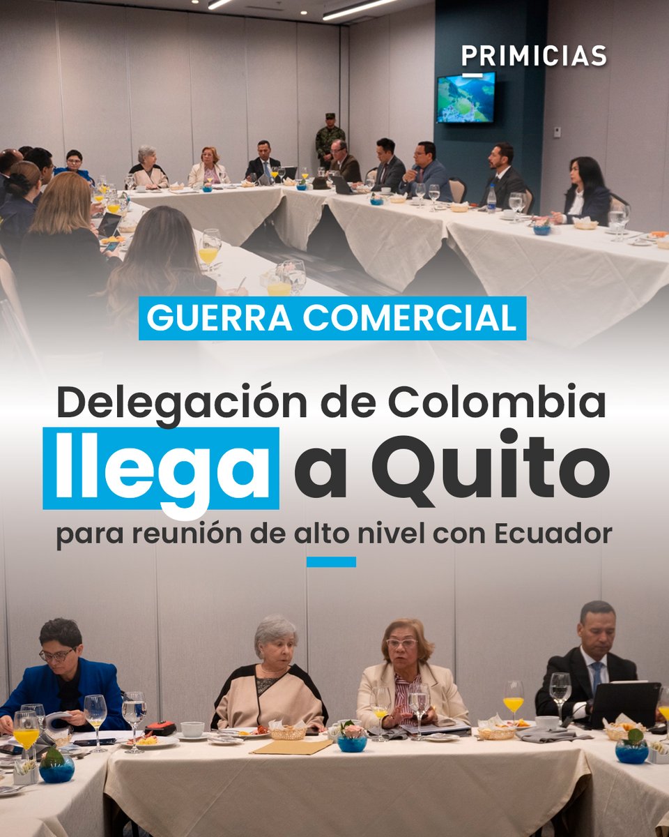 Primicias's tweet photo. La Canciller y el Ministro de Defensa de Colombia arribaron a Quito para una reunión con el Gobierno de Ecuador en medio de la guerra comercial entre ambos países vecinos. https://t.co/kDUFP6xeoP https://t.co/NhbVccfWH5