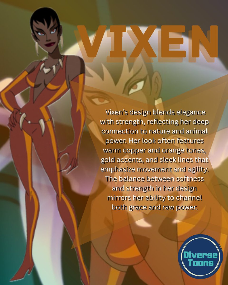 DiverseToons's tweet image. Vixen’s bold colors and streamlined design highlight her connection to nature and strength. Her look is both grounded and powerful, making her a standout presence within the Justice League 
#DiverseToons 
#JusticeLeagueUnlimited #DiversityMatters
#CharacterDesign 
#Representation