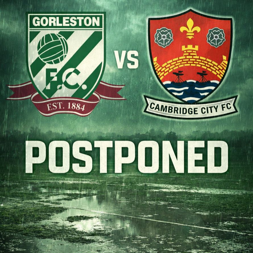 Following a pitch inspection this afternoon, tomorrows first team game v <a href="/cambridgecityfc/">Cambridge City FC</a> has been postponed due to a waterlogged Wellesley. 

The Development game at The Recca v <a href="/cccsaxons/">Corton & Carlton Colville FC Adults</a> has also been postponed. 

The Reserves are playing tho at The Nest v <a href="/fcpeterborough/">Peterborough United</a>