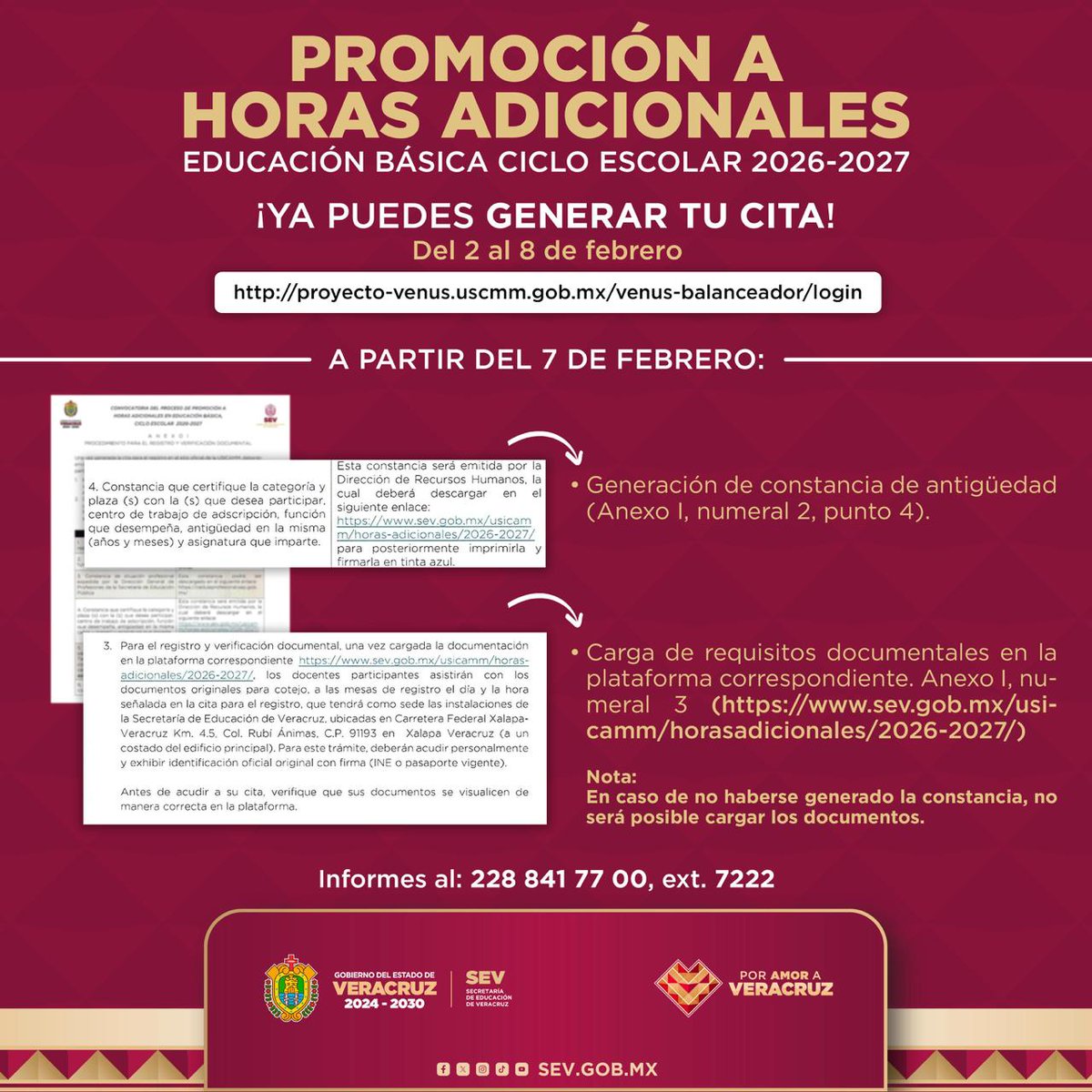 SEducacionVer's tweet photo. 📢 Promoción a Horas Adicionales en Educación Básica 2026-2027

¡Recuerda que ya puedes generar tu cita!
📅 Del 2 al 8 de febrero.
📝 A partir del 7 de febrero, disponible la constancia de antigüedad.

#PorAmorAVeracruz #SEV #USICAMM https://t.co/EjgwshGm0z
