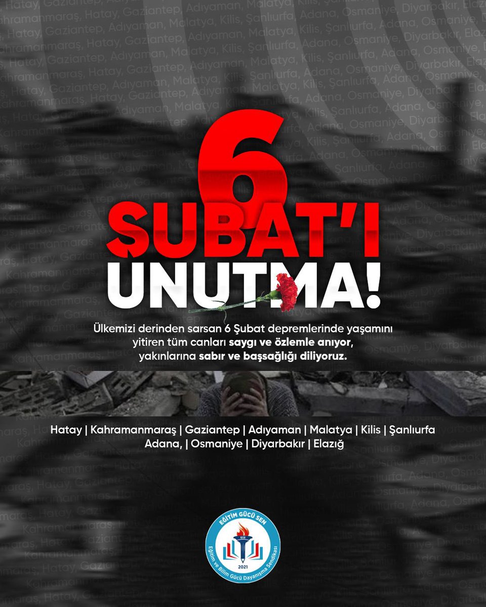 6 Şubat’ı unutmadık, unutturmayacağız.
Ülkemizi derinden sarsan depremlerde yaşamını yitiren tüm canları saygı ve özlemle anıyor; geride kalanlara sabır ve başsağlığı diliyoruz.
Acımız ortak, sorumluluğumuz büyük. 🕯️

#6Şubat #Unutma