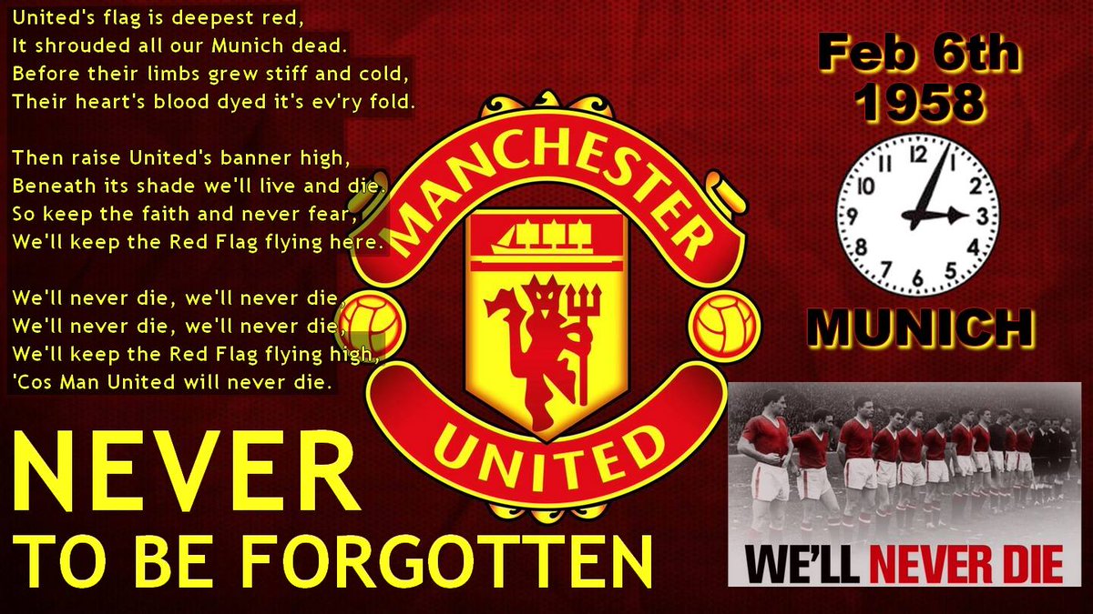 Then raise United's banner high,
Beneath its shade we'll live and die.
So keep the faith and never fear,
We'll keep the Red Flag flying here.

Remembering #Munich1958 
#FlowersOfManchester #GGMU <a href="/ManUtd/">Manchester United</a>