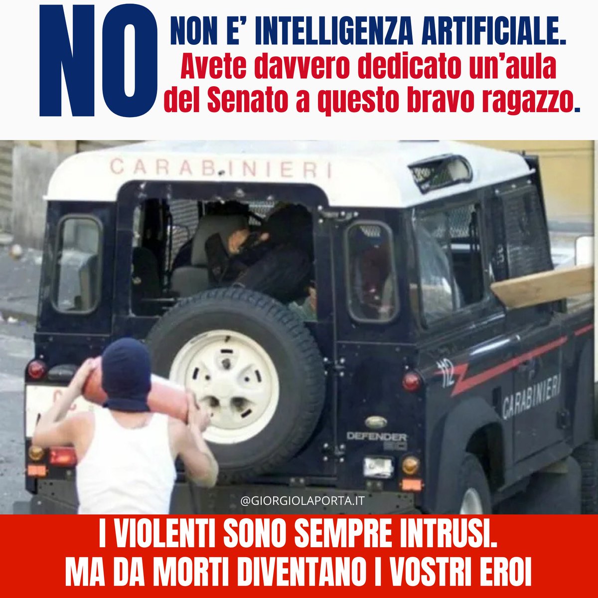 Giorgiolaporta's tweet image. No, non è #intelligenzaartificiale. Sono 25 anni che non riuscite a condannare la violenza di chi scagliò un estintore contro i #Carabinieri.
Ecco da che parte state!
Oggi come ieri dalla parte delle #ForzedellOrdine! 🇮🇹
#g8genova #askatasuna #6febbraio