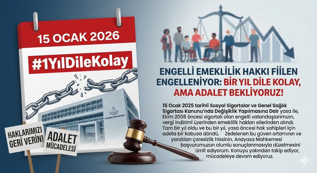 <a href="/EhatDer/">ENGELLİ HAKLARI VE ADALET TOPLULUĞU DERNEĞİ</a> Engellilerin vergi indiriminden emeklilik hakkını geri vermek adaleti yerine koymaktır.
#BirlikteGüçlüyüz 
<a href="/EhatDer/">ENGELLİ HAKLARI VE ADALET TOPLULUĞU DERNEĞİ</a> 
#EngelliEmeklilikHaktır
#unutamayız
<a href="/AYMBASKANLIGI/">Anayasa Mahkemesi</a>