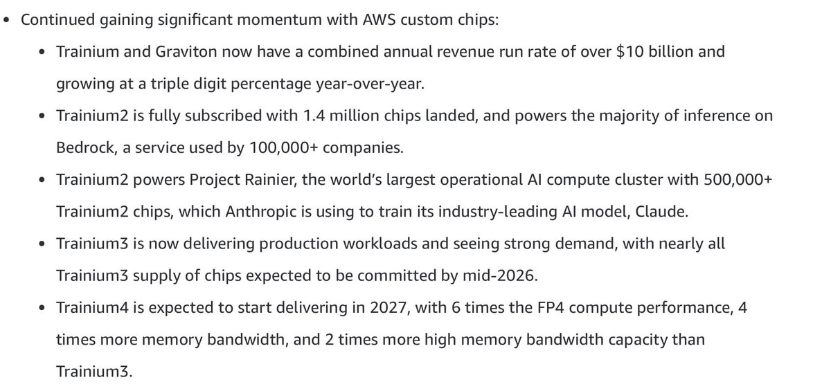$AAOI

$AMZN trainium chip deployments at massive scale can only bode well for $AAOI. The ceo/founder mentioned customers in discussions to invest $200-300m into their new texas fab so they can lock in transceiver supply. With amazon capex coming in way higher than expectations,