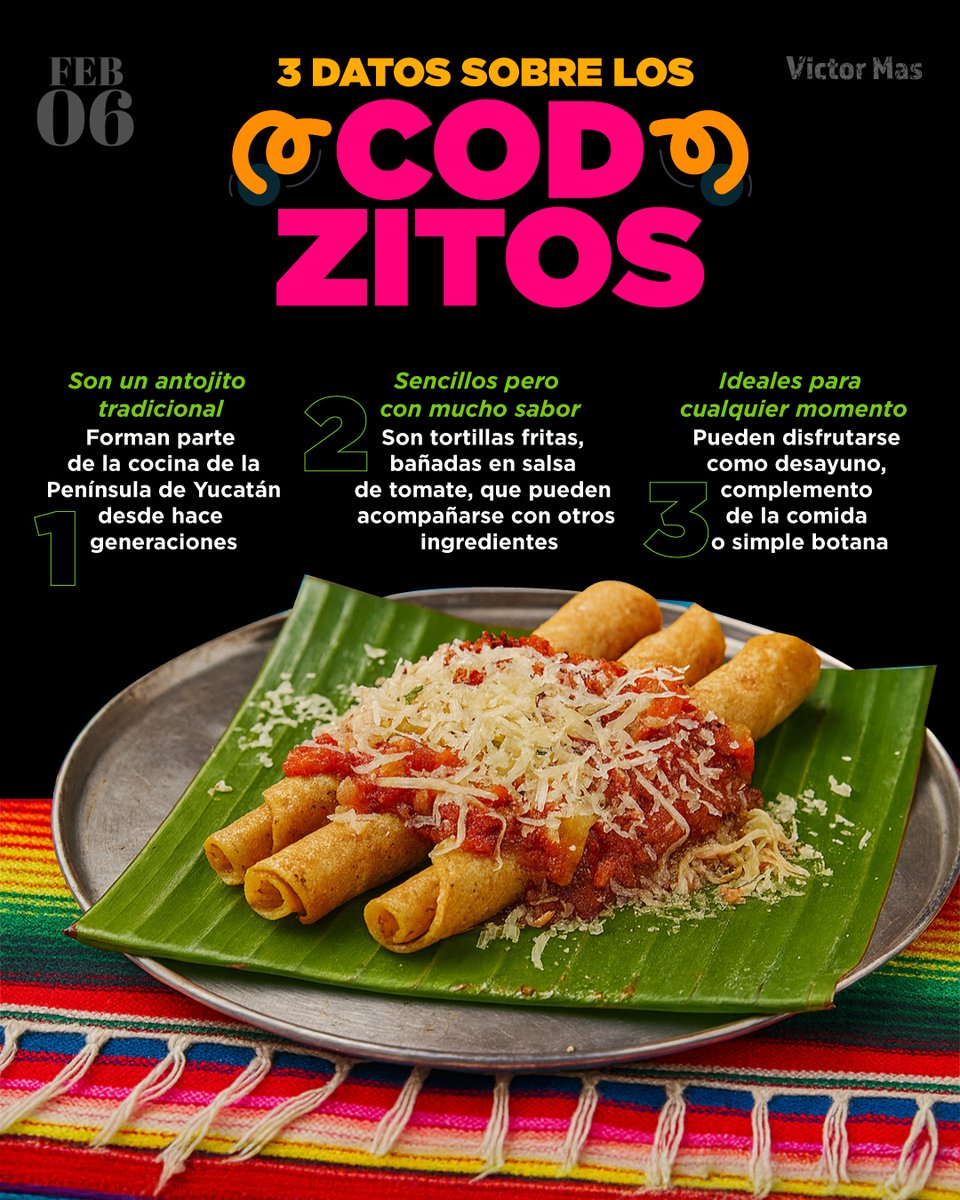 Los codzitos son uno de esos antojitos que saben a casa y a tradición 🌮. Hechos con tortillas enrolladas, bañadas en salsa, forman parte de la cocina cotidiana de la Península de Yucatán.

Sencillos, reconfortantes y llenos de identidad, los codzitos siguen contando la historia
