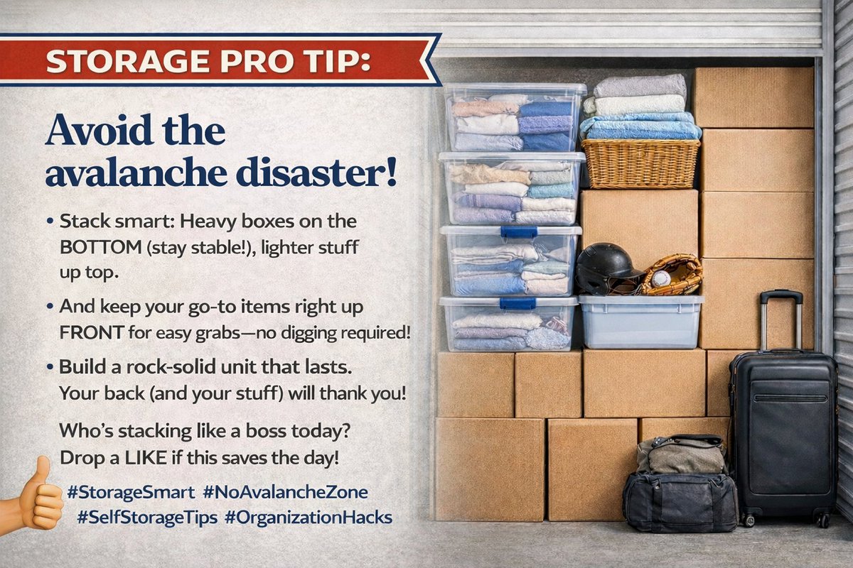 GeistStorage's tweet photo. Avalanche incoming… or is it? 😅 Big boxes low, small boxes high, favorites up front to stay—Crash averted and the day is saved.👍 to thank gravity. #NoAvalancheZone #SelfStorageTips https://t.co/vfyTnEJP2g