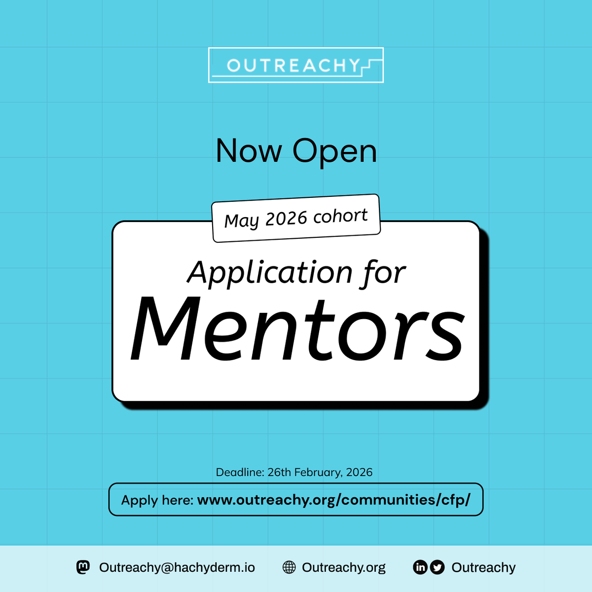 We’re excited to welcome new mentoring communities and #mentors to the May 2026 cohort.

➡️ Join Outreachy through an existing #FOSS mentoring project, or
➡️ Submit your #community project to participate in the May 2026 cohort.

Learn more: outreachy.org/communities/cf…