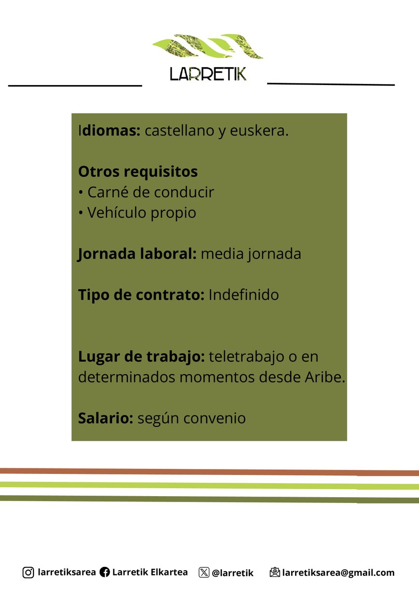 larretik's tweet photo. OFERTA DE EMPLEO

La asociación Larretik busca una persona para llevar la administración de la asociación. Adjuntamos las funciones, condiciones y detalles de contratación.

Las personas interesadas que manden su curriculum al email larretiksarea@gmail.com https://t.co/RaSbCYxG9Y