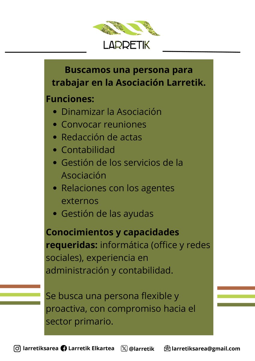 larretik's tweet photo. OFERTA DE EMPLEO

La asociación Larretik busca una persona para llevar la administración de la asociación. Adjuntamos las funciones, condiciones y detalles de contratación.

Las personas interesadas que manden su curriculum al email larretiksarea@gmail.com https://t.co/RaSbCYxG9Y