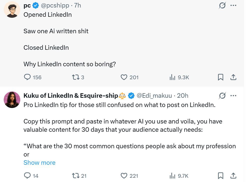 I just love how X algorithm stacks up these posts next to each other. So funny!