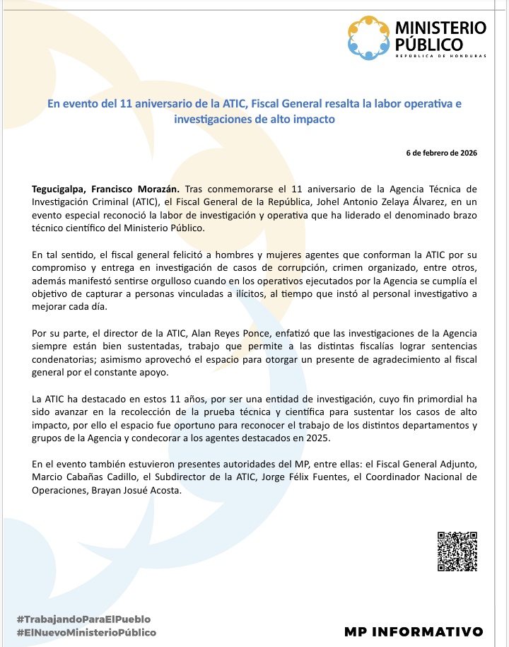 MP_Honduras's tweet image. En evento del 11 aniversario de la #ATIC, Fiscal General @jaza_hn resalta la labor operativa e investigaciones de alto impacto mp.hn/publicaciones/…