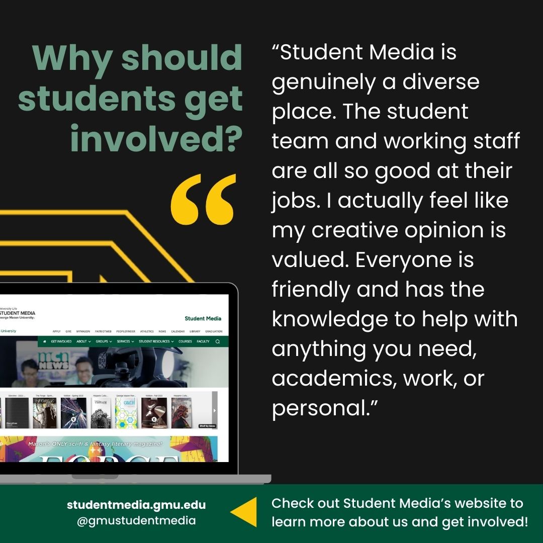 Student Staff Spotlight: Communication Team

Meet Joylin, a Video Editor/Photographer of Student Media's Communication Team for the 2025-2026 academic year!

Learn more about Student Media and how you can get involved: studentmedia.gmu.edu