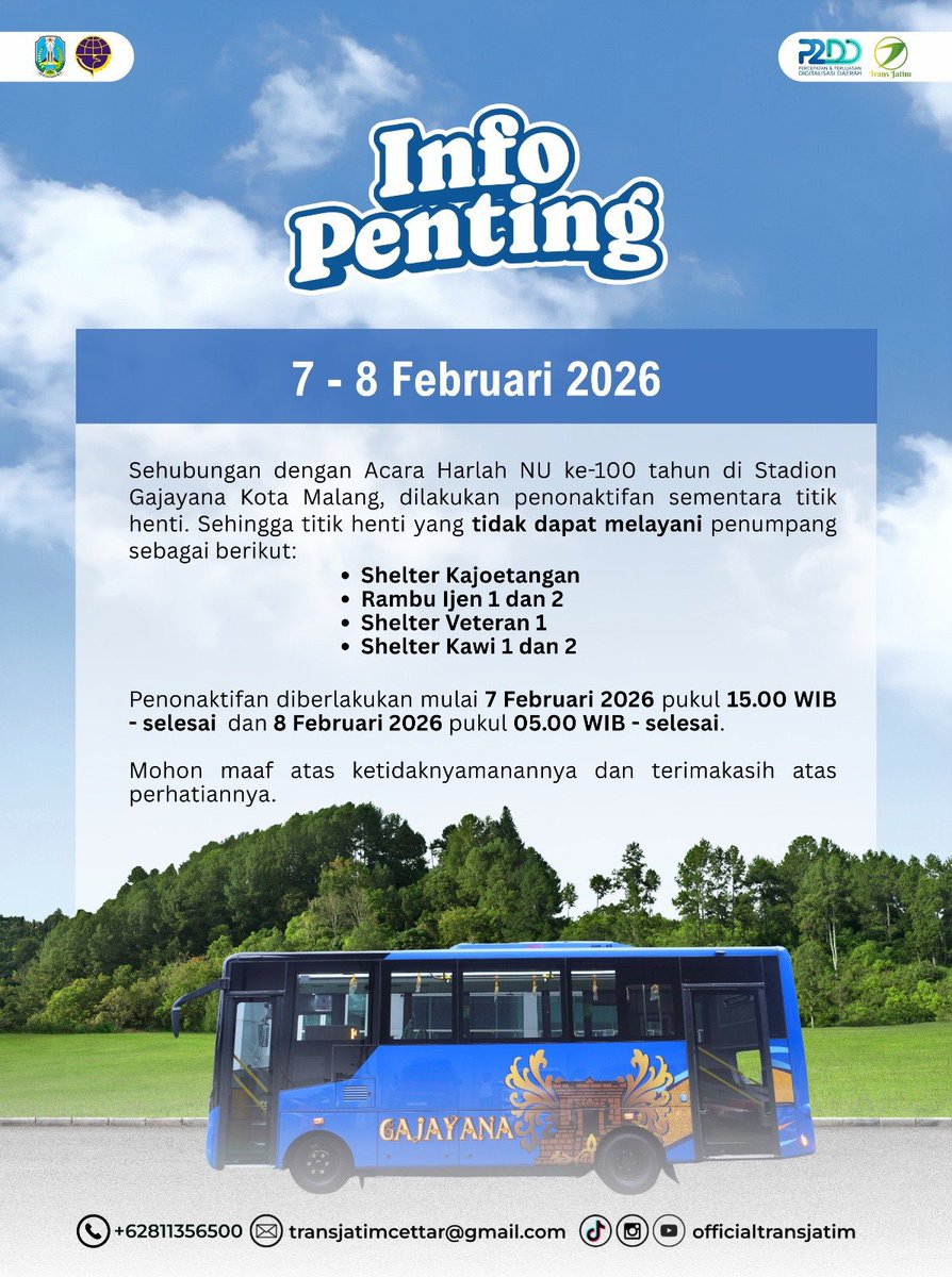 4 Halte Trans Jatim non aktif selama Harlah NU.

- Kayutangan 
- Kawi (MOG)
- Ijen
- Veteran (Matos)

Non aktif: gak bisa naik, gak bisa turun

Yang mau ngemall, sebaiknya numpak mikrolet/ojol