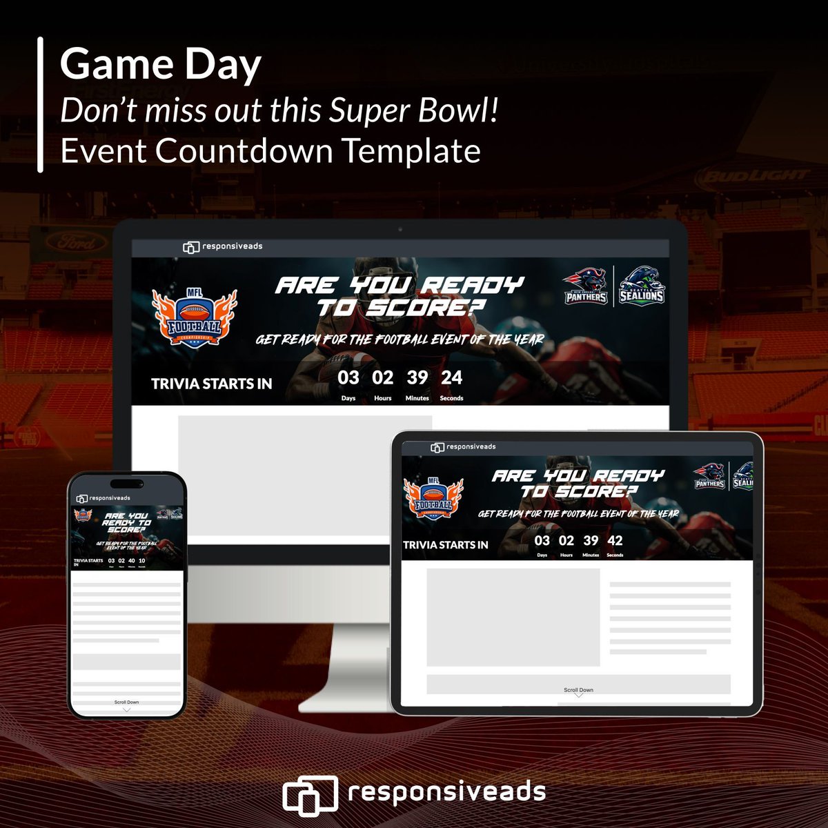 Game day is almost here — and the countdown is live. 🏈⏳
Set to EST by default, and fully customizable. 
️⚡️  Dynamic countdown interaction 📆 Fully customizable 🔥 Amplify event energy
Demo: app2.responsiveads.com/creatives/6984…
Sign up: responsiveads.com/sign-up?email=… 

#ResponsiveAds #SuperBowl