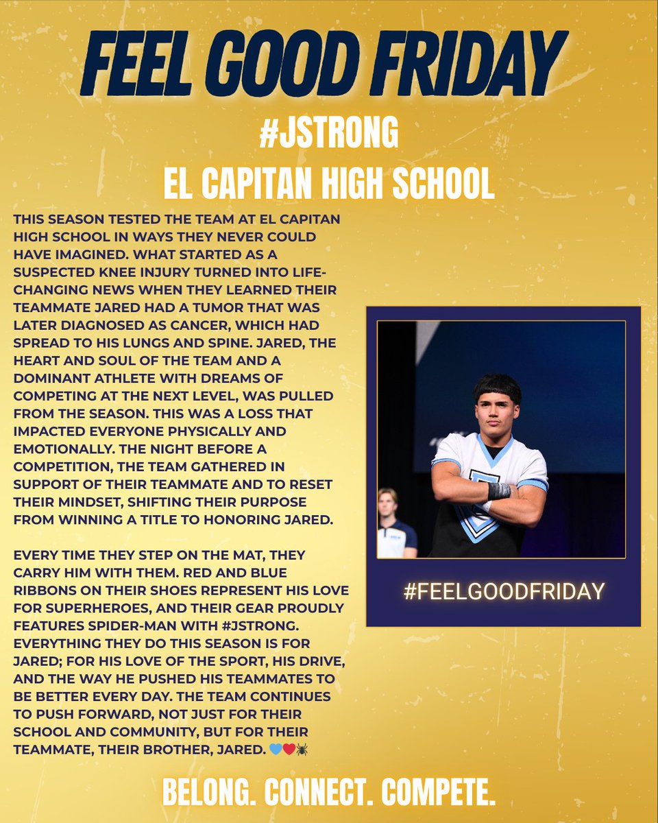 CIFState's tweet photo. Congratulations to this week’s Feel Good Friday, Jared and the El Capitan High School Cheer Team! 💫 Everything they do this season honors their teammate, their brother, Jared. 💙❤️🕷️ #jstrong https://t.co/kL9QLXtja8