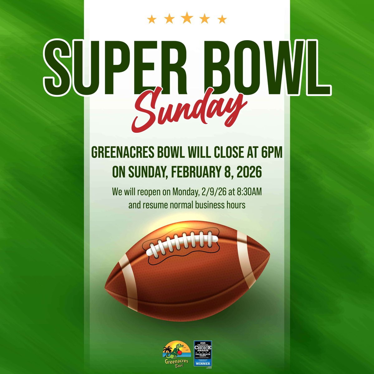 🏈 SUPER BOWL SUNDAY! 🏈

Just a friendly reminder that we will be closing at 6:00 PM on Sunday, February 8th so our team can enjoy the big game! 📺✨

We’ll be back to normal business hours on Monday, February 9th 🎳

#GatorBowlingRocks #BestBowlingPBC #SuperBowl #Sunday