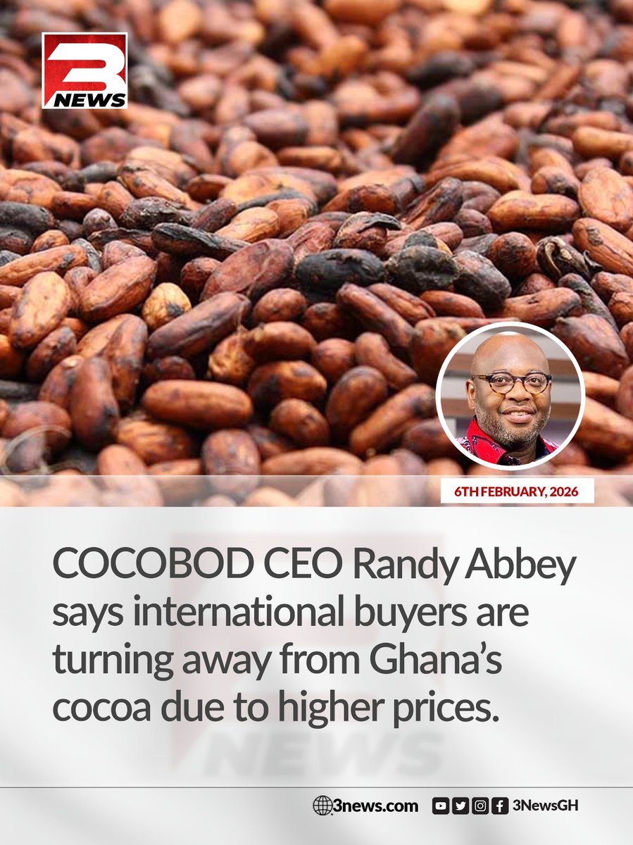 tv3_ghana's tweet image. COCOBOD CEO Randy Abbey says international buyers are turning away from Ghana's cocoa because of higher prices.

#3NewsGH #TV3GH