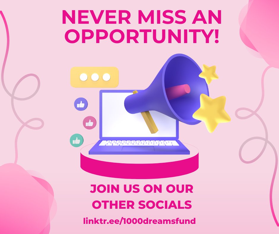 Big opportunities don’t always come with a long heads-up - and we don’t want you missing a single one.

Following 1,000 Dreams Fund across all our platforms means you’ll be the first to know when applications open, grants drop, events go live, and new ways to get involved pop up.