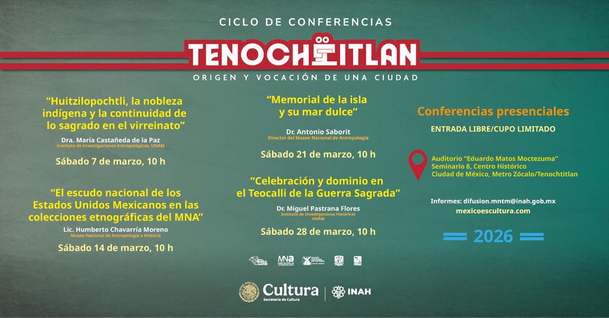 🐍☀️#NoTePierdas el ciclo “Tenochtitlan. Origen y vocación de una ciudad” y adéntrate en la historia, las fuentes, los vestigios arqueológicos y el mito fundacional de la gran ciudad mexica.

🏛️ Auditorio “Eduardo Matos Moctezuma”
🎟️ Entrada libre | Cupo limitado