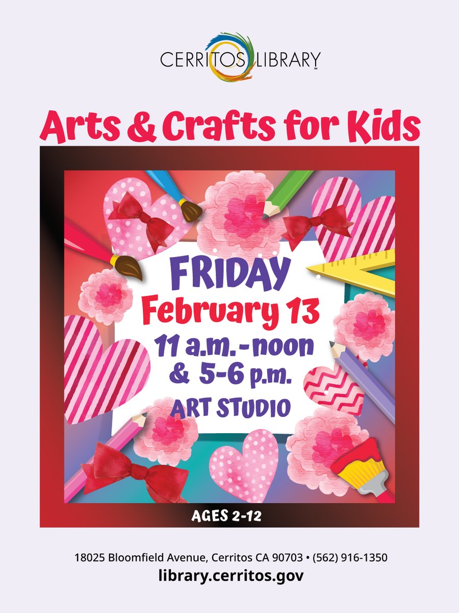 Join the City of Cerritos on Friday, February 13 at the Cerritos Library for a free hands-on Valentine's Day craft that will be held for kids ages 2-12. This craft will take approximately 10 to 15 minutes.