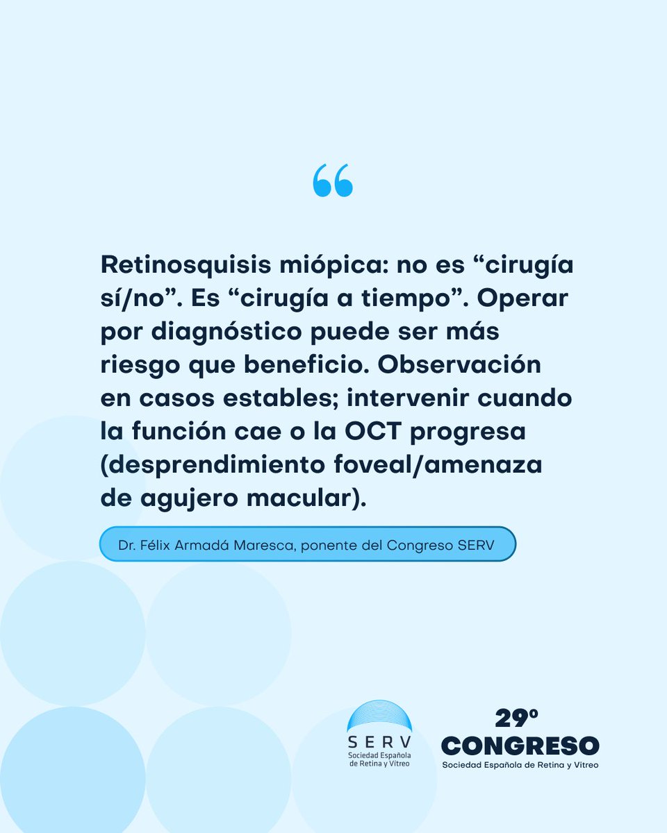 RetinaSERV's tweet photo. El Dr. Félix Armadá Maresca abordará en el próximo Congreso SERV la retinosquisis miópica desde un enfoque claro: no es “cirugía sí/no”, sino cirugía en el momento adecuado, guiada por la función visual y la evolución en OCT.
#SERV #Retina #SERV2026 https://t.co/8EoPYPS1a5