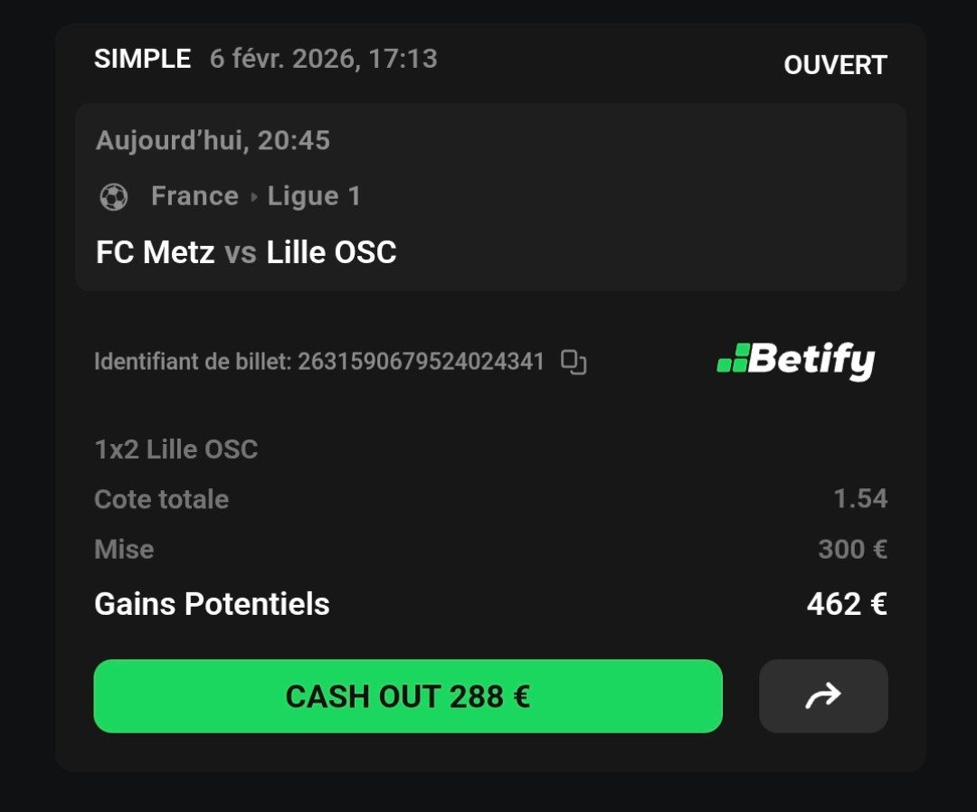 ⚽️🇫🇷 Metz vs Lille : Lille gagne <a href="/1/">1</a>,54🔥🌵

10€ en Paysafecard à gagner 🎁 

Commente ❤️ / 🔄

🔐 Mon VIP a 0,99€  👉 sub-starter.com/fr/cactusprono…

⚡️ S'inscrire sur Betify 👉 tinyurl.com/BETIFYOFFICIEL

#TeamParieur #pronos