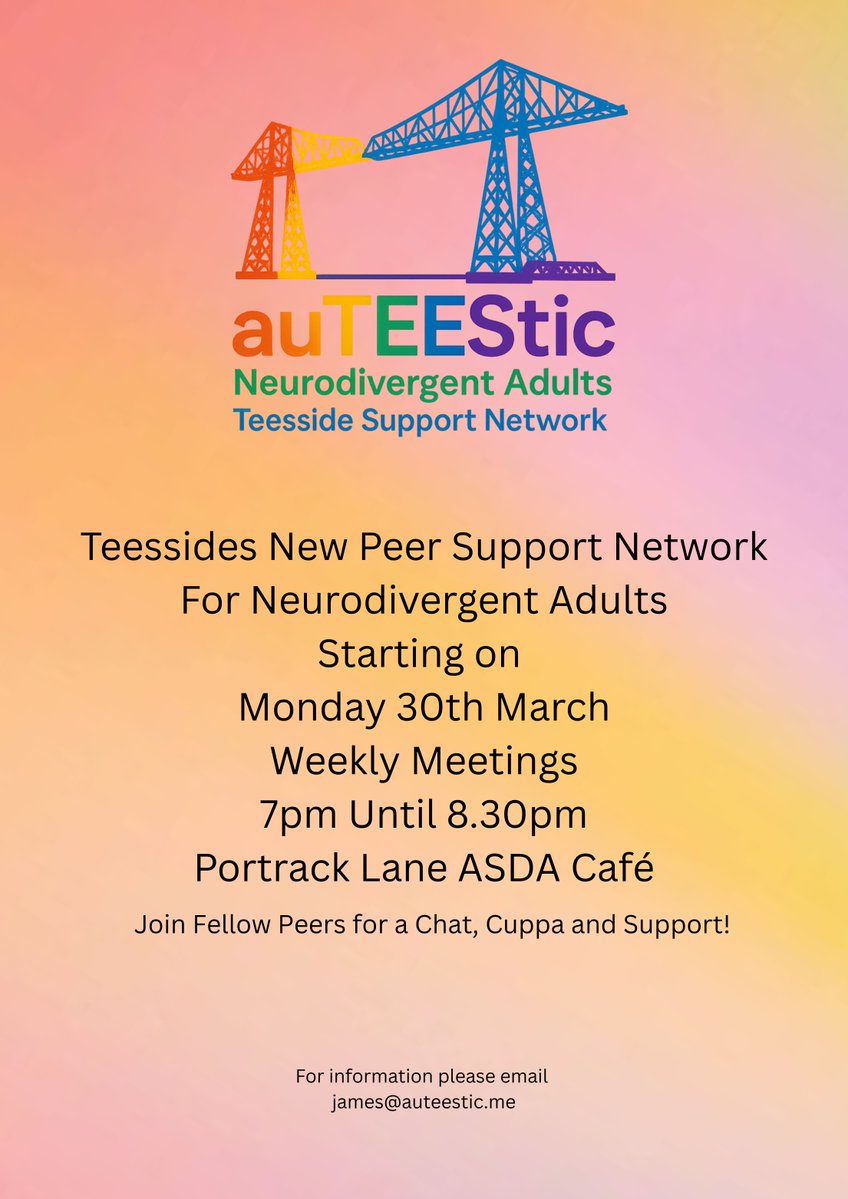 📣Exciting news for Teesside!

A brand‑new Peer Support Network for Neurodivergent Adults is launching soon.

The first meet‑up will be at 📍ASDA Café, Portrack Lane on 🗓️Monday 30th March, 7pm–8:30pm.

A welcoming space to connect, share, and support one another.