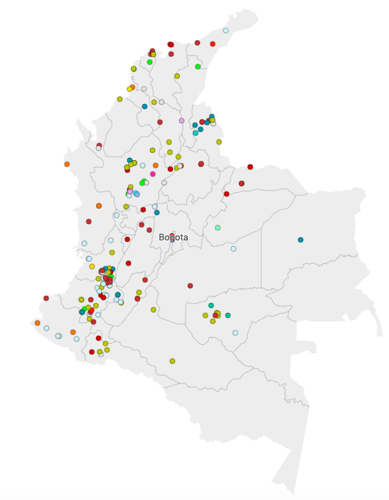 RutasConflicto's tweet image. Según @Indepaz, 187 líderes fueron asesinados hasta el 30 de diciembre, 14 más que en 2024. Cada punto en el mapa es un líder asesinado en Colombia durante el 2025. Defensores afros, ambientalistas, reclamantes de tierras, mujeres, todo tipo de liderazgo fue violentado. 🧵