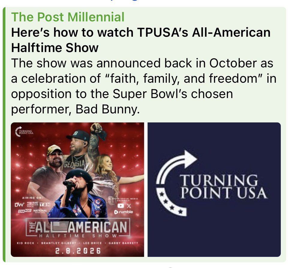 sxdoc's tweet photo. LINKS FOR THE TPUSA HALFTIME SHOW 

Share far and wide! 

YouTube: https://t.co/3AmzoTmf8h

Rumble: https://t.co/kPlceoIoN8

How to watch KID ROCK instead of the Big Bunny halftime show. 
https://t.co/mVAsKVeNyy https://t.co/DiNfCFFig9