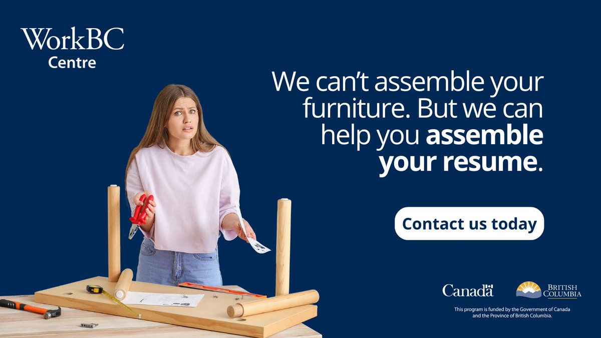 TerraceWorkbc's tweet photo. Putting together furniture can be frustrating, but assembling your resume doesn’t have to be! WorkBC provides free resources and support to help you create a standout resume. Contact us today to start building a brighter future!#AdultingMadeEasier #ResumeHelp #WorkBCCentreTerrace https://t.co/JGPaCLezHH