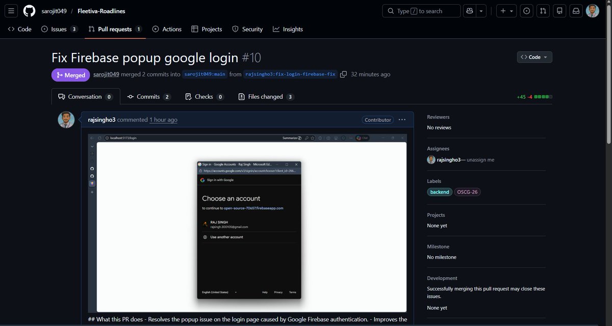 RajSingh_tsx's tweet photo. My first PR just got merged 🎉
Contributed a fix for a Firebase Google popup login issue as part of Open Source Global Connect.
Learned a lot about real-world auth bugs and open-source collaboration.
Onward 🚀
#OpenSource #OSGC #GitHub #Firebase #WebDev https://t.co/wmd3znTI1A