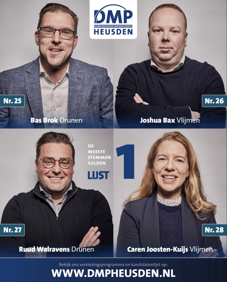 2️⃣8️⃣ Caren Joosten-Kuijs uit Vlijmen

2️⃣7️⃣ Ruud Walravens uit Drunen

2️⃣6️⃣ Joshua Bax uit Vlijmen

2️⃣5️⃣ Bas Brok uit Drunen

➡️ Meer weten over onze kandidaten ? Neem dan een kijkje op de website: dmpheusden.nl/kandidatenlijst