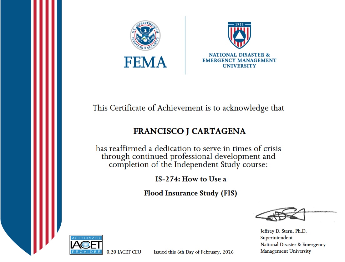 Awww - 😍🙏 Acabo de completar esta Certificación de FEMA: IS-274: Cómo Utilizar un Estudio de Seguro Contra Inundaciones (FIS). Casi 2 horas de estudio - muy bueno - El Examen es de 42 preguntas. Seguimos!!! #franciscoeljimagua #FEMACursos