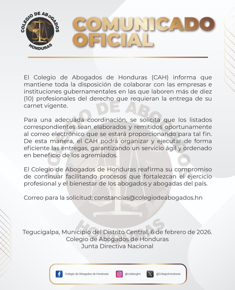 Comunicado Oficial del Colegio de Abogados de Honduras