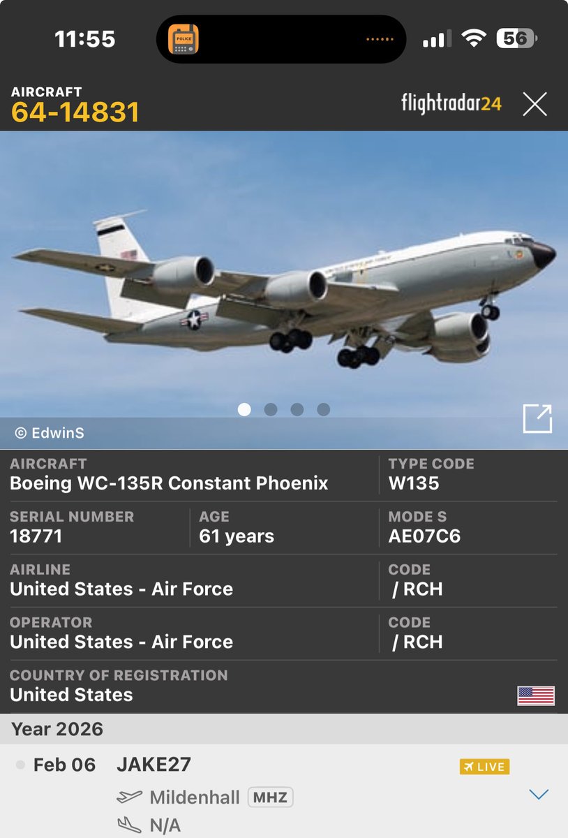 tparon's tweet photo. 🚨🇺🇸#BREAKING | NEWS ⚠️
USAF (#JAKE27) WC-135R☢️
CONSTANT PHOENIX NUKE 
SNIFFER DEPARTED FROM MILDENHALL RAF HEADING 
SOUTH DOWN NEAR MADRID 🇪🇸SPAIN. https://t.co/nSqmGvsPH4