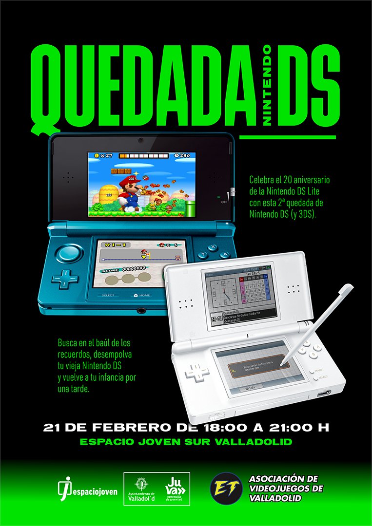 ¡Tras el éxito de la 1ª edición, vamos a organizar de nuevo una quedada de Nintendo DS!

Saca esos cartuchos que tanto polvo han acumulado y vente a jugar unas partidas con nosotros el próximo 21 de febrero en el Espacio Joven Sur