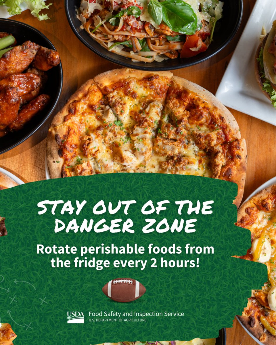 foodsafetygov's tweet photo. Halftime Strategy: Rotate perishable foods like chicken wings, pizza, and meat platters in and out of the fridge every 2 hours. #SBLX https://t.co/mOlNOUFDV6