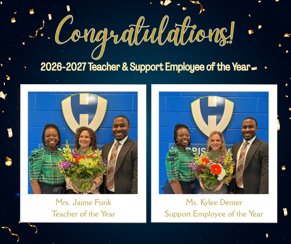 📣🥳Congratulations to our newly crowned Teacher of the Year, Mrs. Funk and Support Employee of the Year, Ms. Denter!  #HWES #OurD5Story 🥳📣