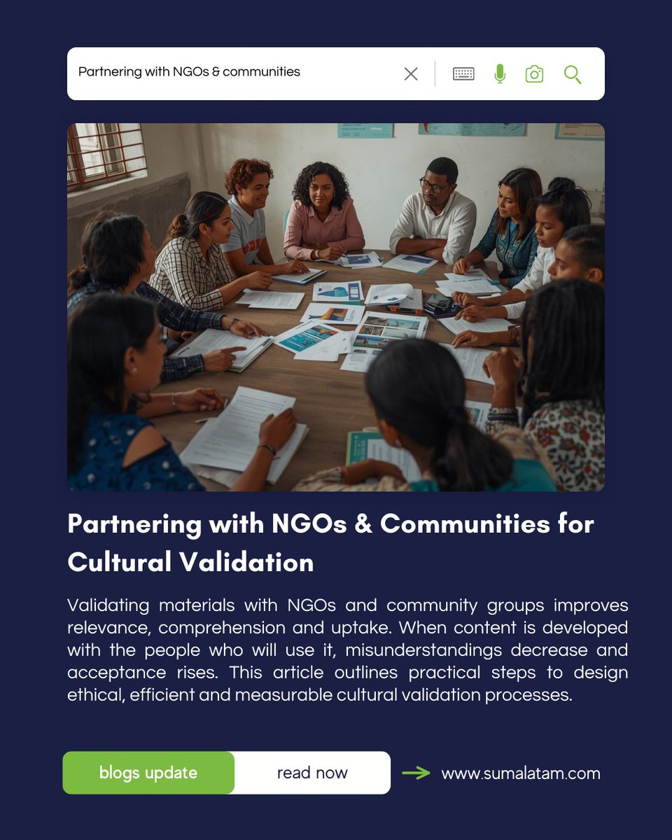 🧠 Want real impact? Validate with real people.
This article shows how to co-create content with NGOs &amp; communities:
 ✔️ Ethical workshops
 ✔️ Local pilots
 ✔️ Measurable outcomes
📄 Read the full guide ↓
sumalatam.com/partnering-ngo…
#CulturalValidation
