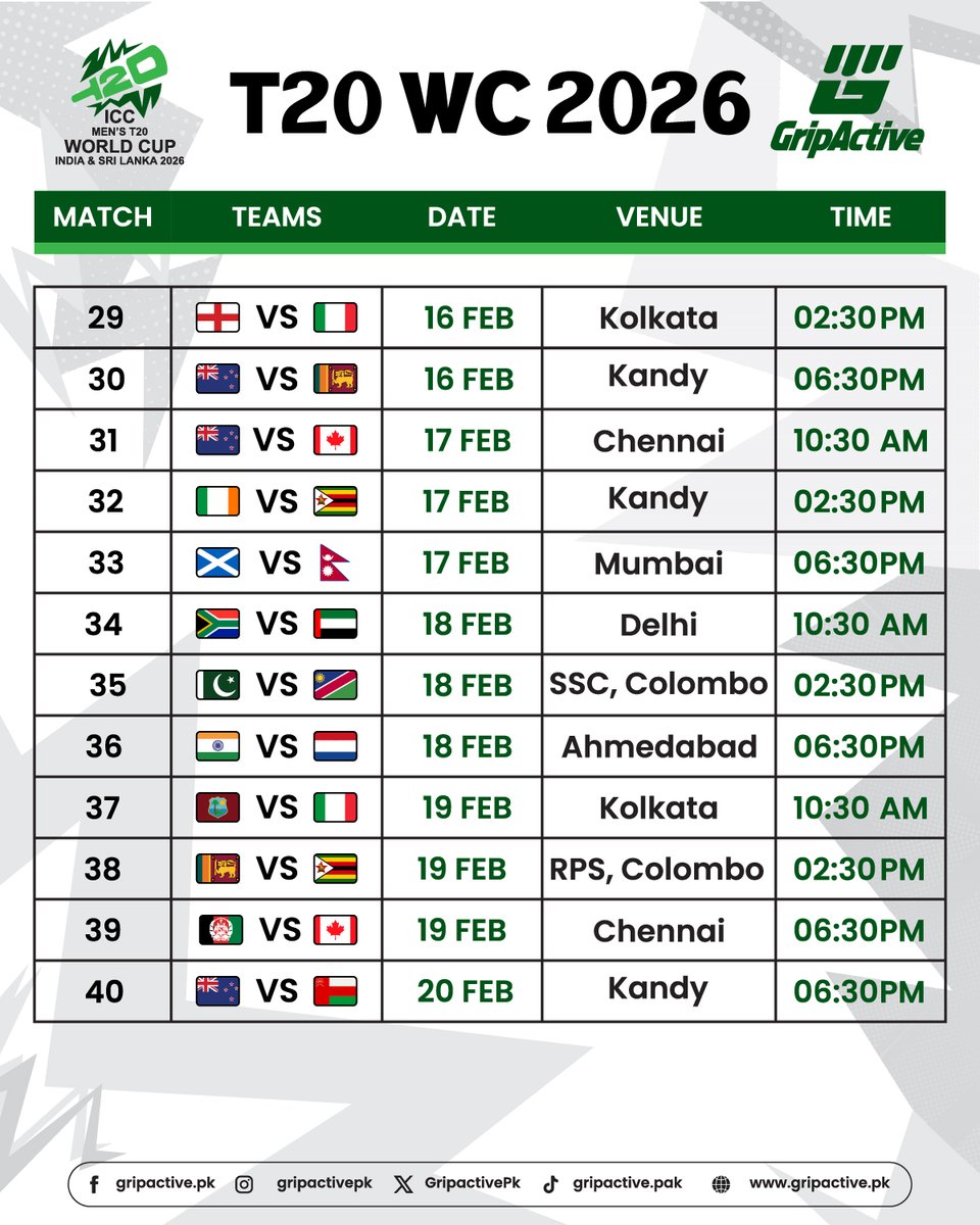 GripactivePk's tweet photo. The wait is over! 
T20 World Cup 2026 kicks off tomorrow, 7 February.
Here’s the complete match schedule with all dates, venues, and timings.
Don’t miss a single game!
#GripActive #icct20worldcup2026 #T20WC #Champions #ICCMensU19WorldCup #T20WC2026 https://t.co/mMnEisqt2P
