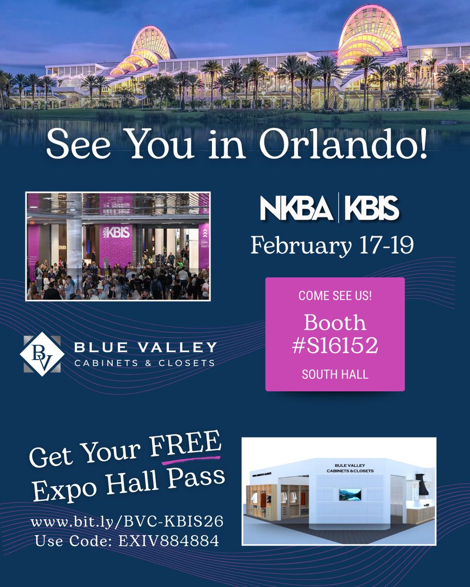 BVCabinets's tweet photo. 🎉 We’re headed to Orlando! BVC will be exhibiting at #KBIS February 17–19 in Orlando, and we’d love to see you there!  Come see us at Booth S16152 in the South Hall.

‼️ Want a FREE exhibit hall pass? Use code EXIV884884 when you register: https://t.co/3rU5AoiHEi https://t.co/GuVwwbAn0c