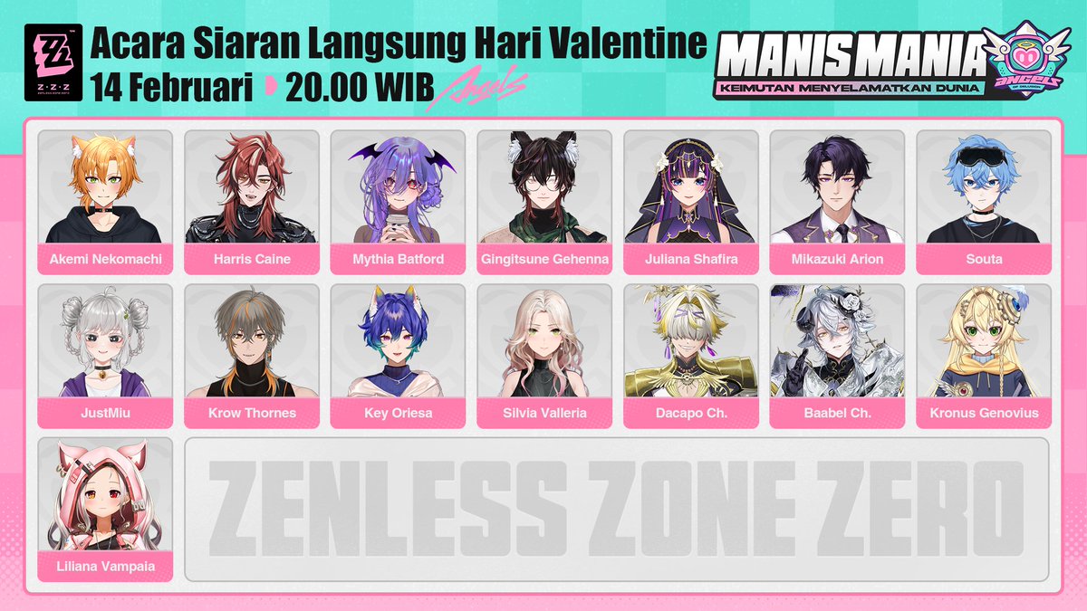 Aku bersama kakak kakak vtuber yang keren keren ini akan bermain ZZZ di tanggal 14 Februari nanti 😼