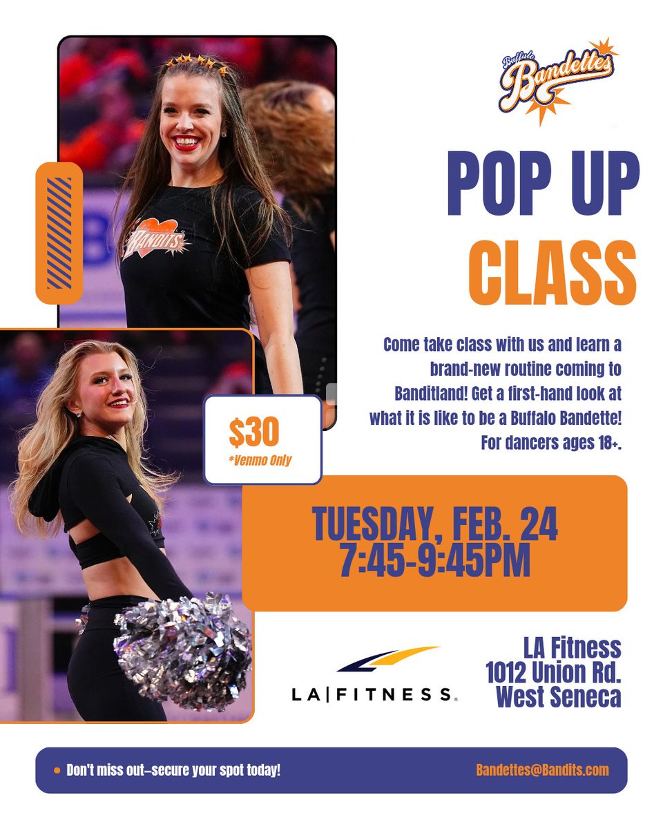 bandettes's tweet photo. 💥 Pop Up Class Announcement 💥

Join us for a fun combo from 7:45-9:45 p.m. on Tuesday, February 24th at LA Fitness West Seneca! All dancers ages 18+ are welcome. Pre-registration required.

Register today: https://t.co/Y8sjtnK4kf https://t.co/ac2K7qdDCB