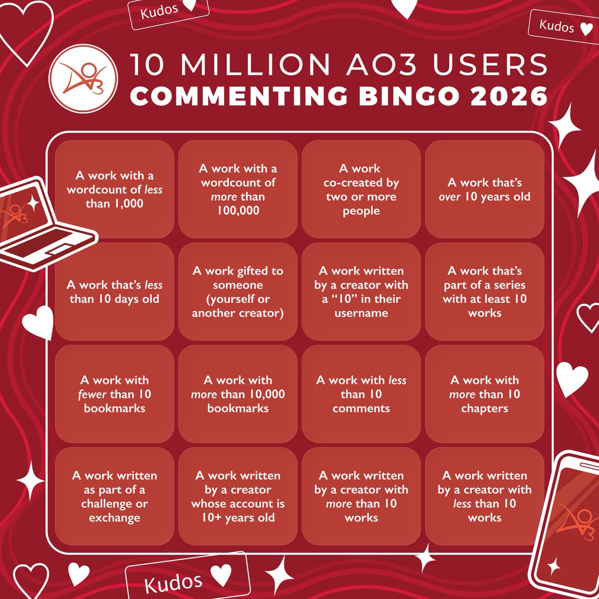 OTW_News's tweet image. #AO3 has reached 10 million registered users! Celebrate with us by participating in our commenting themed bingo at otw-news.org/yckpz294