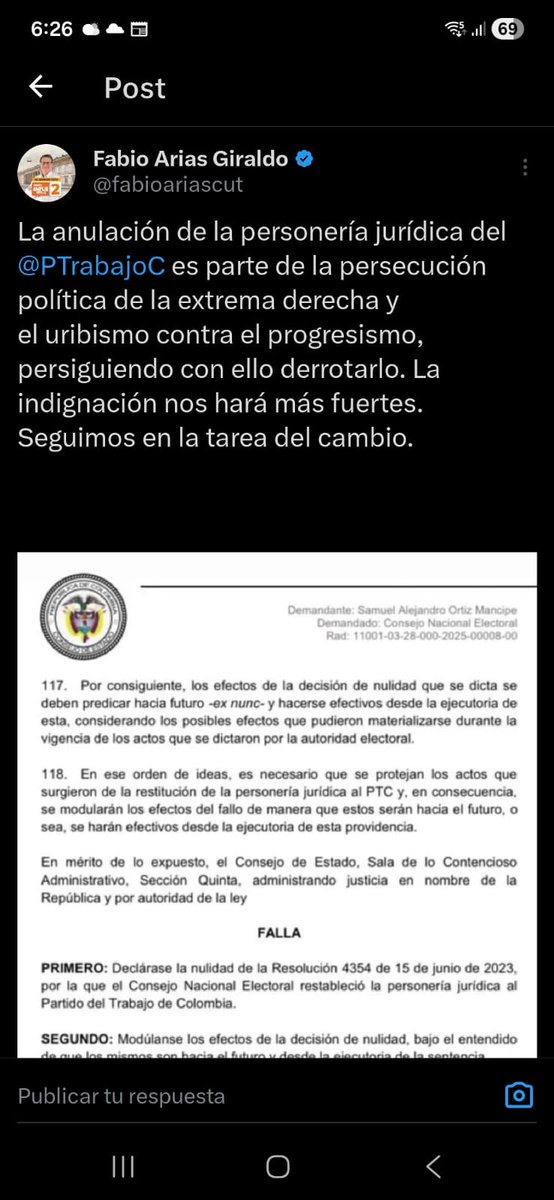 Bloquean consulta presidencial, listas inscritas al Congreso y retiran personería a partidos como <a href="/PTrabajoC/">Partido del Trabajo de Colombia</a>. Rechazo esta andanada de la extrema derecha contra fuerzas alternativas que buscan distribuir con justicia la riqueza creada por la clase trabajadora.⁦
<a href="/yezidgarciaa/">Yezid García Abello</a>⁩